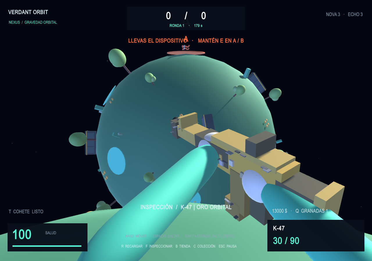 Inspección de un rifle con acabado azul en primera persona dentro de Gravitas Strike